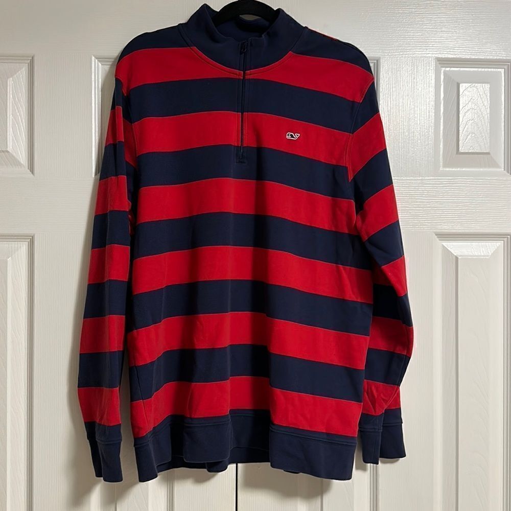 Vineyard Vines Men’s Blue & Red Striped 1/4 Zip Pullover Sweatshirt